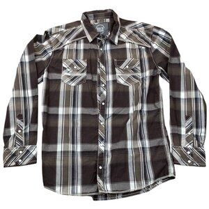 BKE Mens Shirt Size XL Brown Plaid Pearl Snaps Long Sleeve Atheletic Fit Western